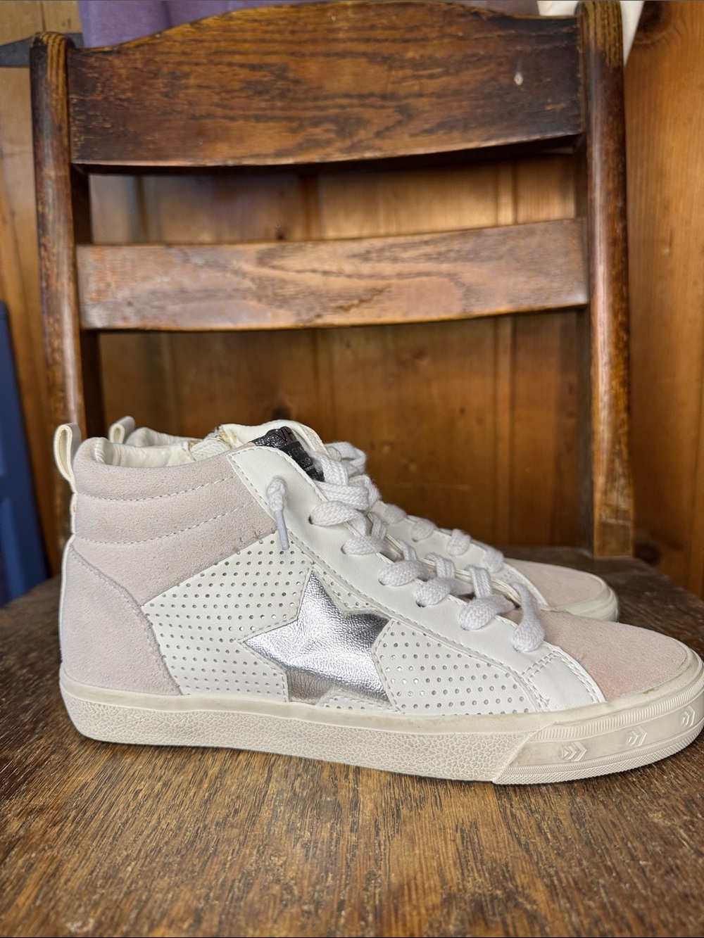 Vintage Havana Cream & Blush High-Top Sneakers with Metallic Star - Picture 3 of 11